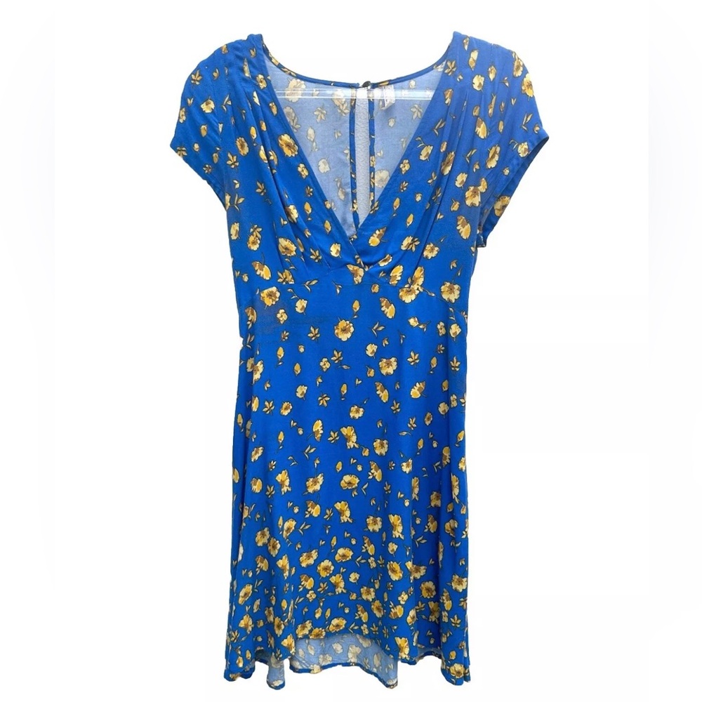 Free People Womens Floral Dress 2 Mini V-neck Blue/gold Cutout Going Out Party